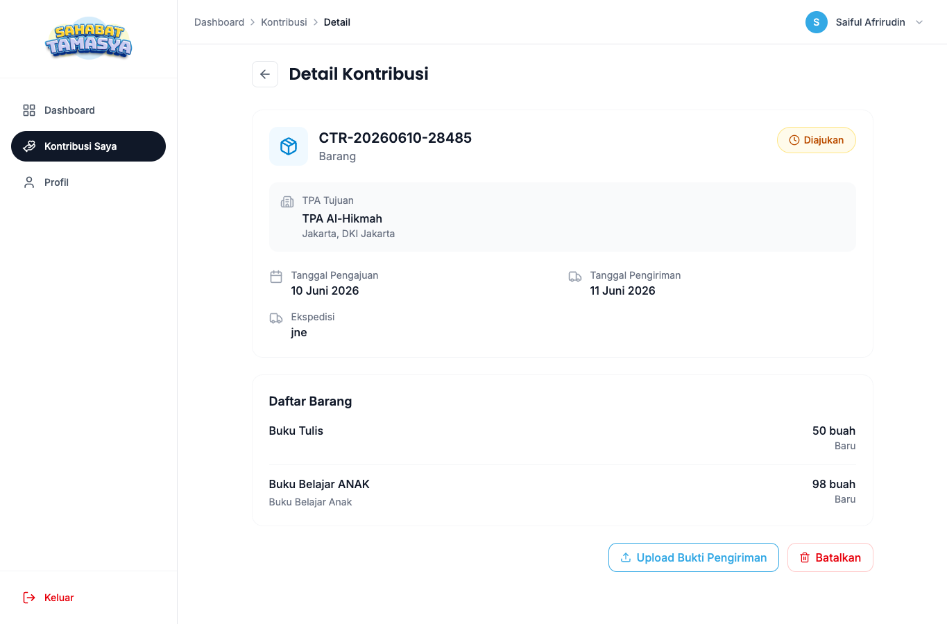 Detail kontribusi barang dengan tombol upload bukti pengiriman