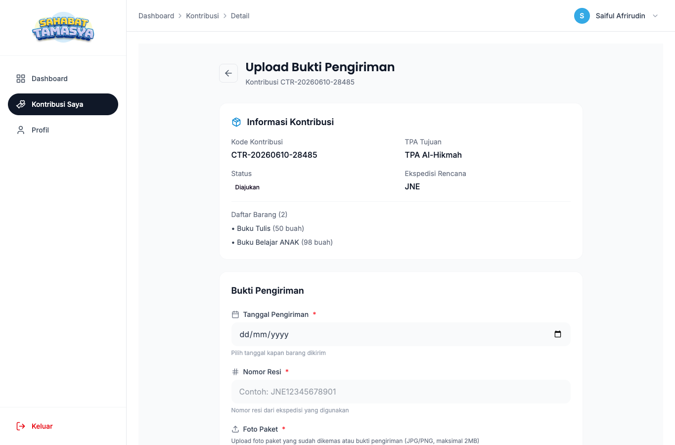 Form upload bukti pengiriman barang