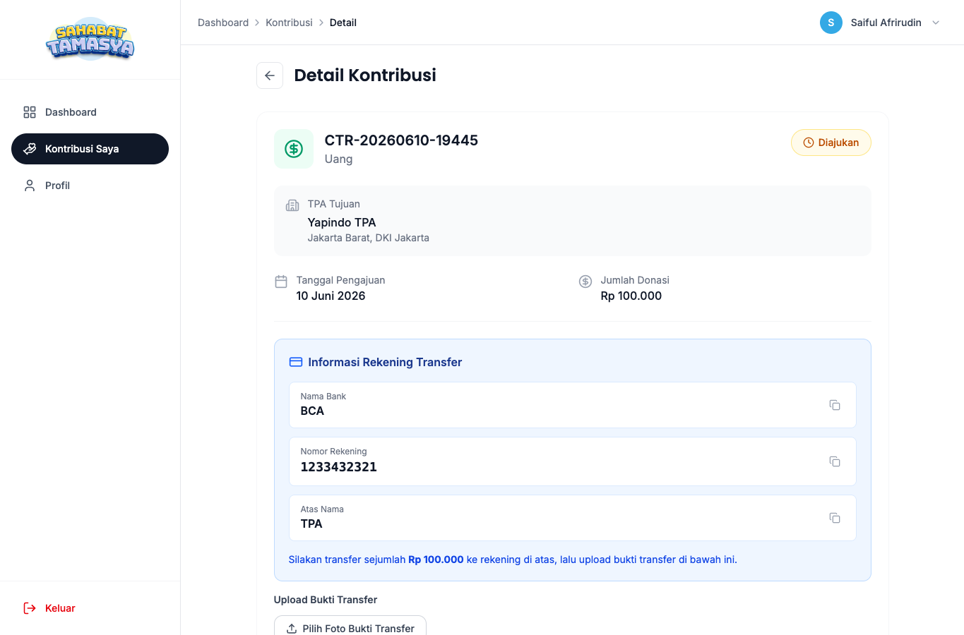 Halaman detail kontribusi uang dengan upload bukti transfer